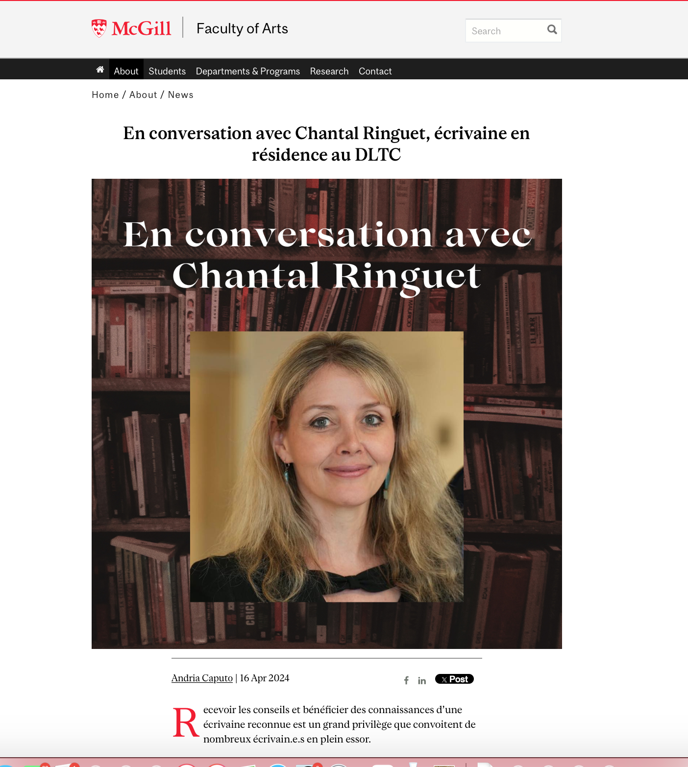 Entretien avec Chantal Ringuet, écrivaine en résidence au DLTC, McGill