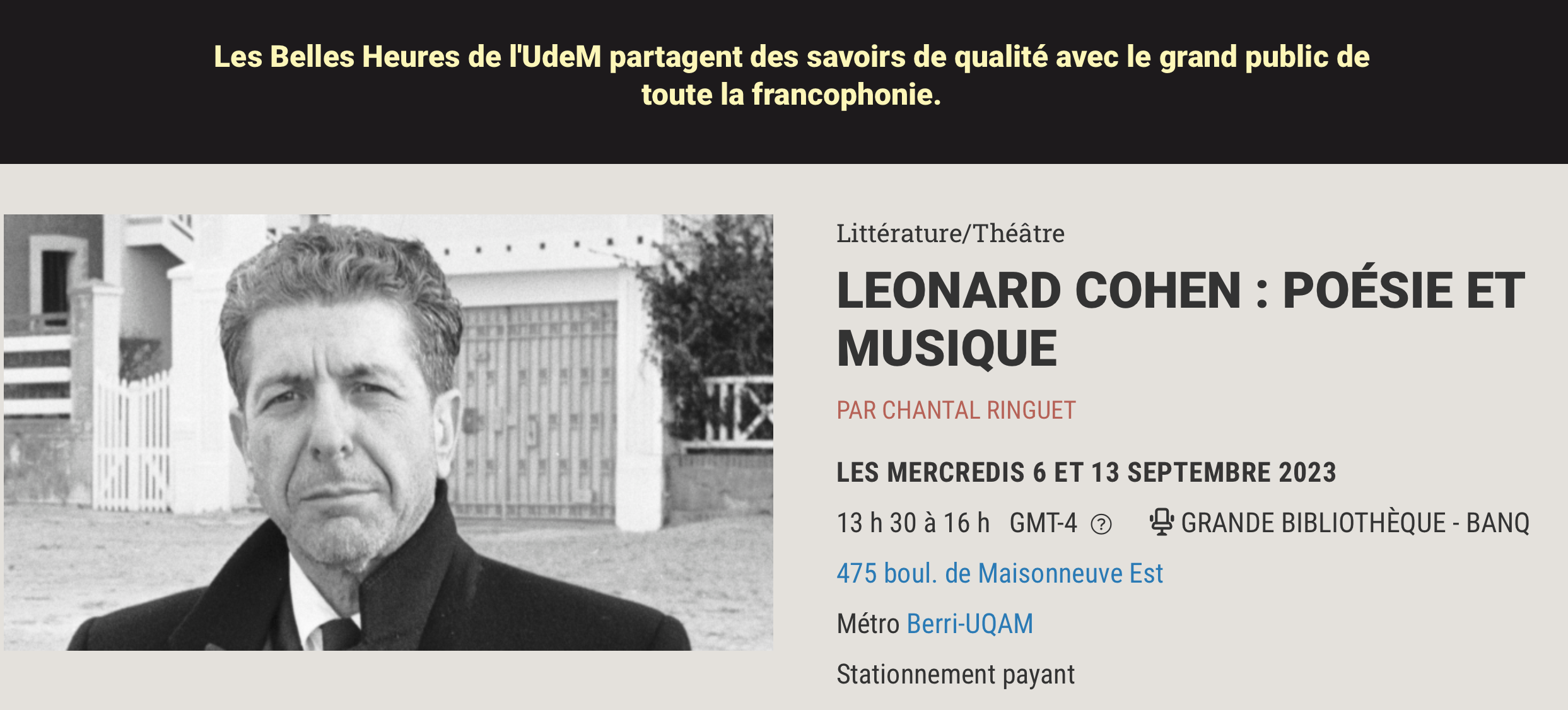 Leonard Cohen. Poésie et musique – Les Belles Heures de l'UdeM